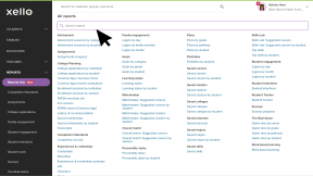 Educator account in Xello. The Reports hub is open with the search bar highlighted